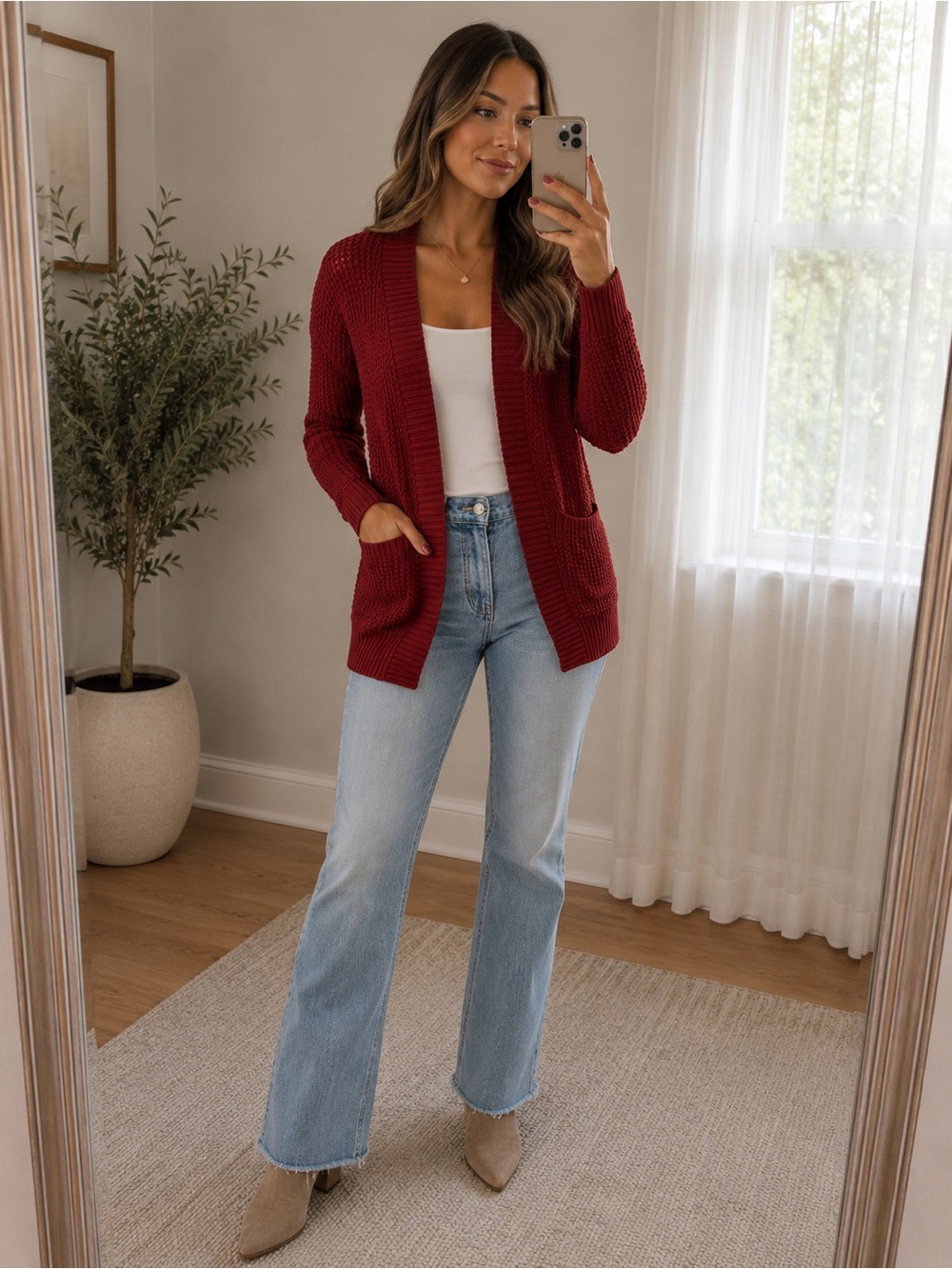 Staccato Ribbed Open-Front Cardigan in Rust Red